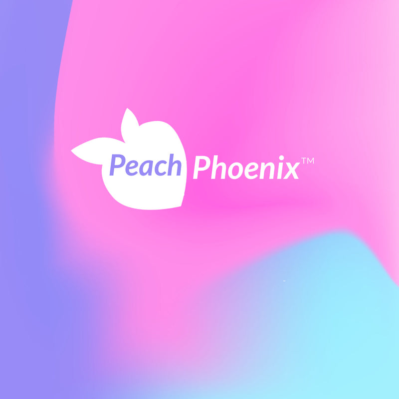 Peach Phoenix™ logo on vibrant pink and blue gradient background.