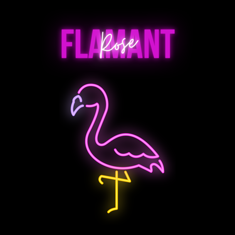 Neon pink flamingo with Flamant Rose glowing in vibrant lights