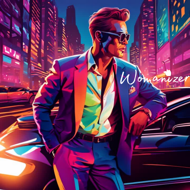 Stylish man in neon suit leans on car in vibrant cityscape, Womanizer.