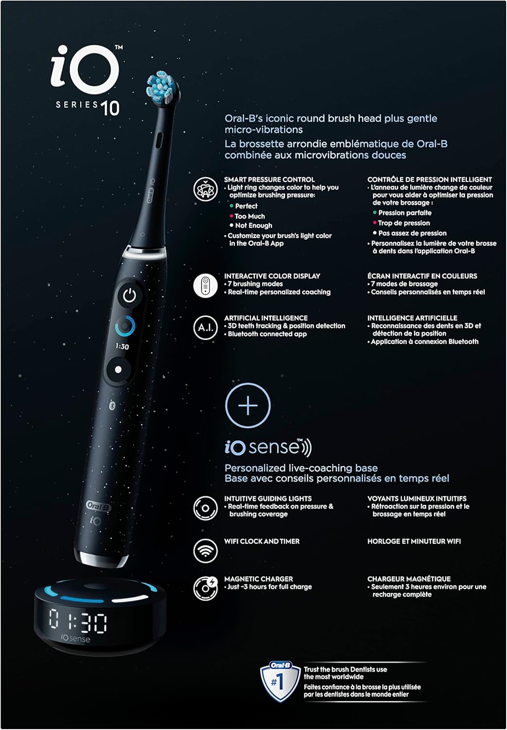 Oral-B iO Series 10 Rechargeable Electric Toothbrush with Visible Pressure Sensor to Protect Gums, 2 Min Timer, 7 Cleaning Settings, 4 Replacement Toothbrush Heads, and Charging Travel Case, Black
