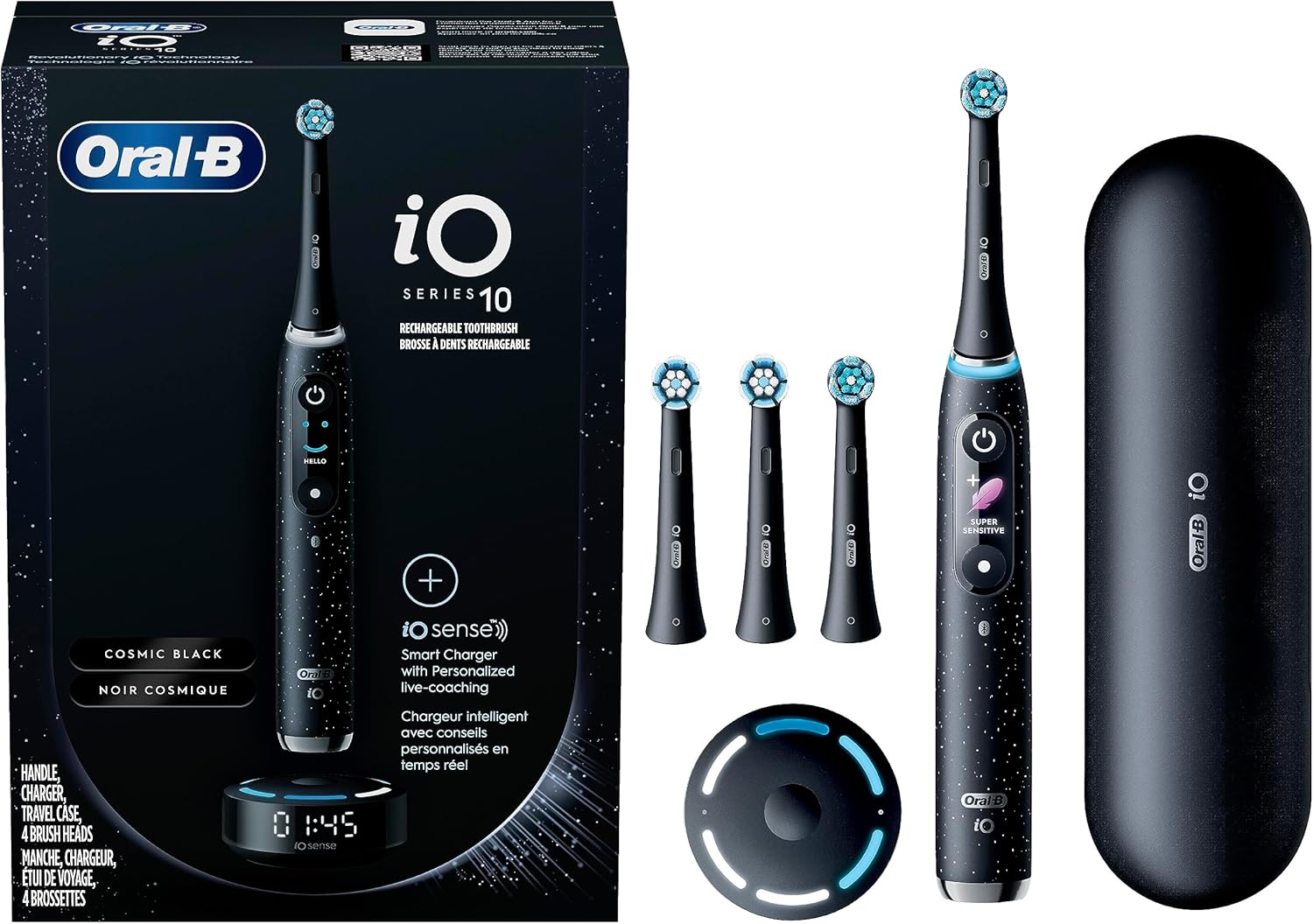 Oral-B iO Series 10 Rechargeable Electric Toothbrush with Visible Pressure Sensor to Protect Gums, 2 Min Timer, 7 Cleaning Settings, 4 Replacement Toothbrush Heads, and Charging Travel Case, Black