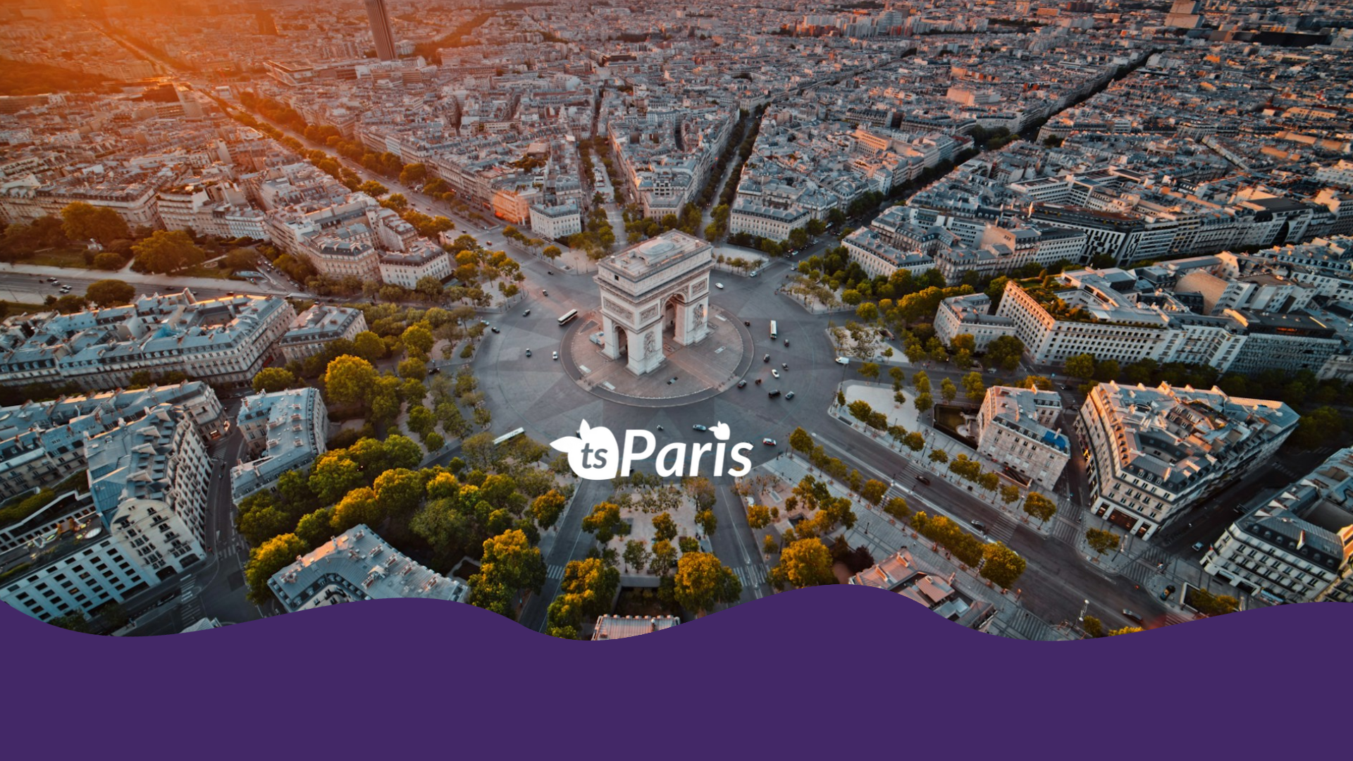 Aerial view of Paris with the Arc de Triomphe and cityscape, featuring the 'Paris' logo.