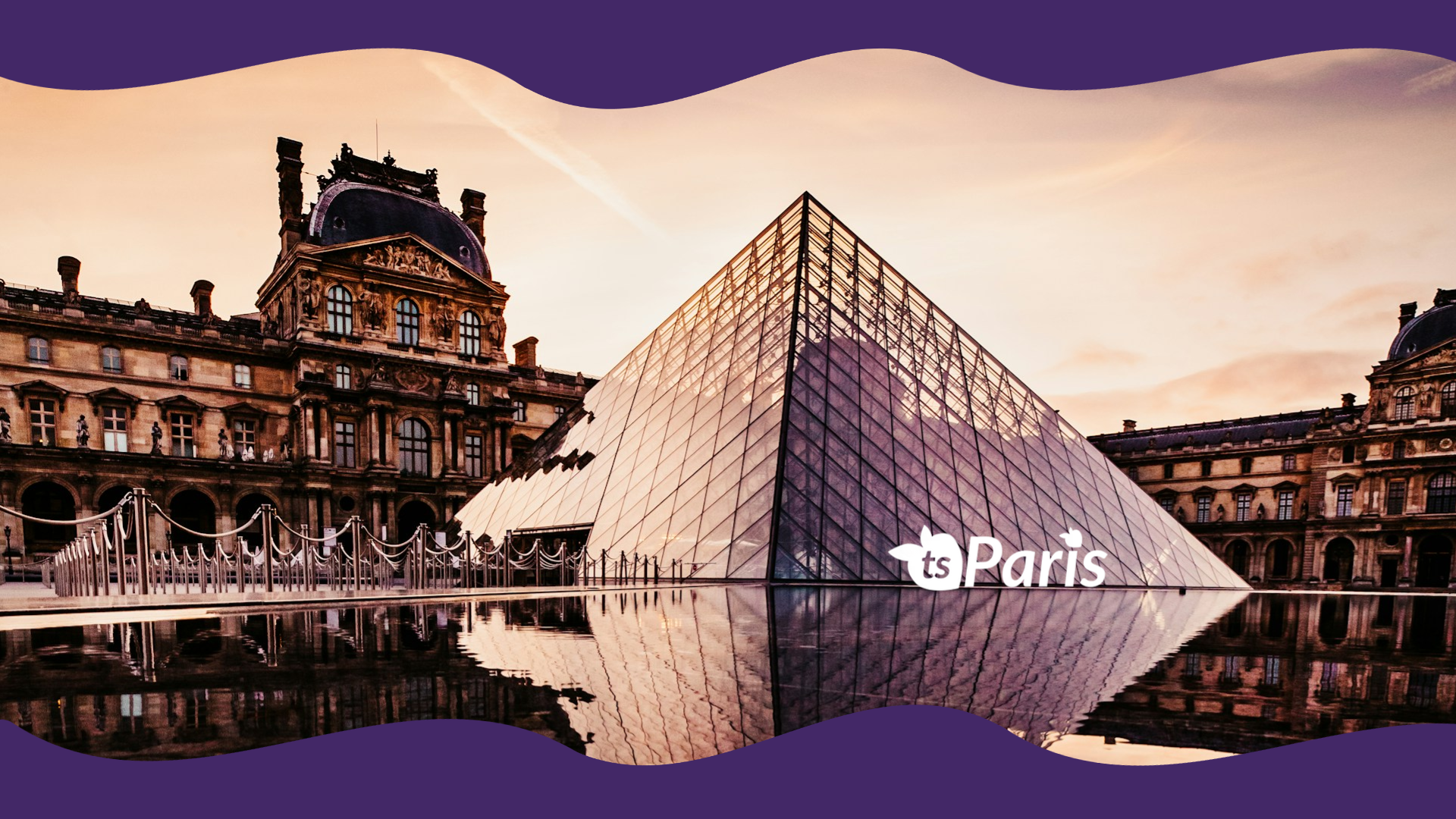 Glass pyramid and classical architecture with 'ts Paris' logo at sunset by tsgabrielle